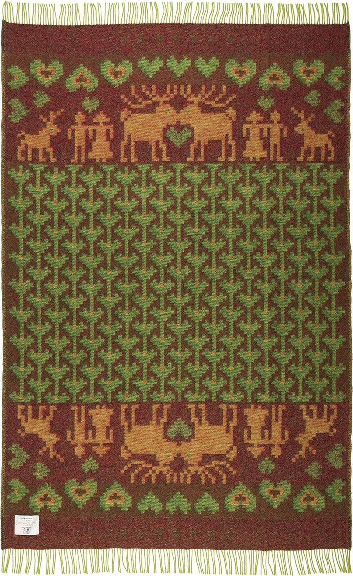 ÖJBRO VANTFABRIK "Fästfolk Evelina&Ewald gewebte Wolldecke mit Fransen 130x220 cm lindgrün/grün/rot
