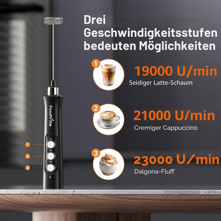 FoodVille 2-in-1 Elektrischer Milchaufschäumer, Kunststoff, schwarz, Schwarz