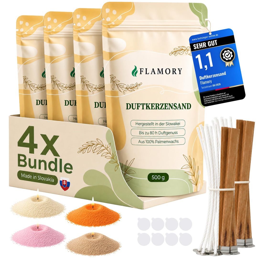 Kerzensand mit Duft Elegance Set 4x500g – [Vanille/Orange/Sandelholz/Rose] – 24 Dochte inklusive – 1