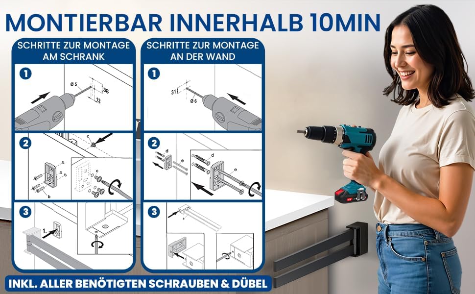 rtmr Handtuchhalter Wandmontage & Schrankmontage, 2-armig, schwenkbar, schwarz matt, Premium Gästeha