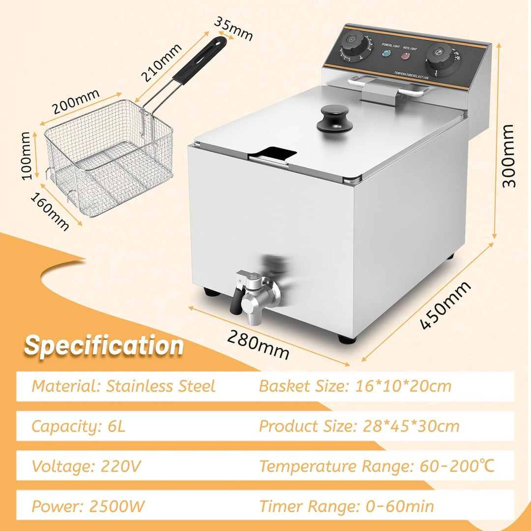 Elektrische Gastro Fritteuse Friteuse Edelstahl, 6L Behälter, Professionelle Elektro Fritteuse Gastr