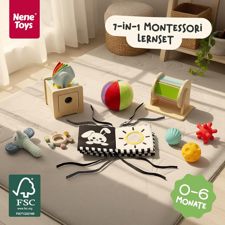Nene Toys Montessori Baby Spielzeug 0–6 Monate – 7-in-1 Sensorik Holz Lernbox mit Schwarz-Weiss Stof