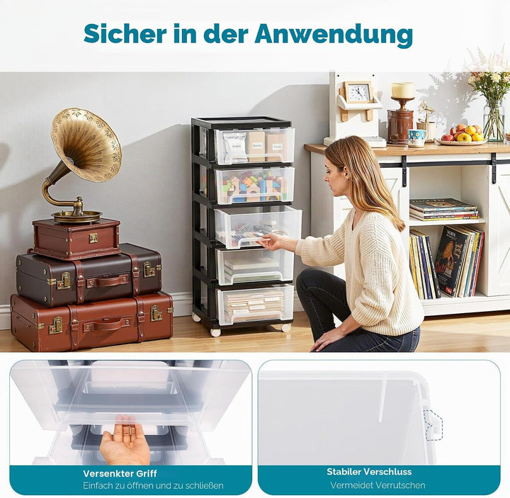 5 Schubladen Organizer 40x33x98cm, Aufbewahrungsbox, Schubladenschrank mit 4 Rädern, Aufbewahrungssc