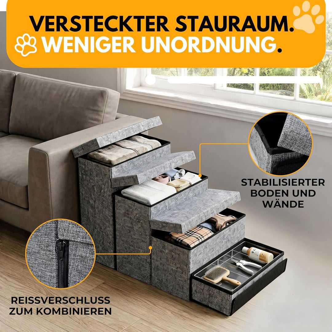Hundetreppe mit 4 Aufbewahrungsboxen | mit Rampenfunktion | Faltbare Haustier rutschfeste Sicherheit