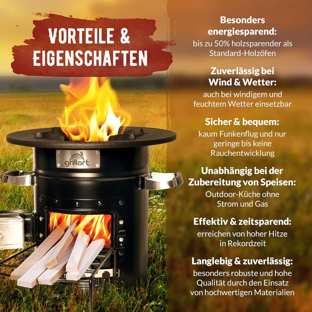 grillart® Raketenofen Outdoor “Powertrain” schwarz – effizienter Holzofen als Campingkocher für Dutc