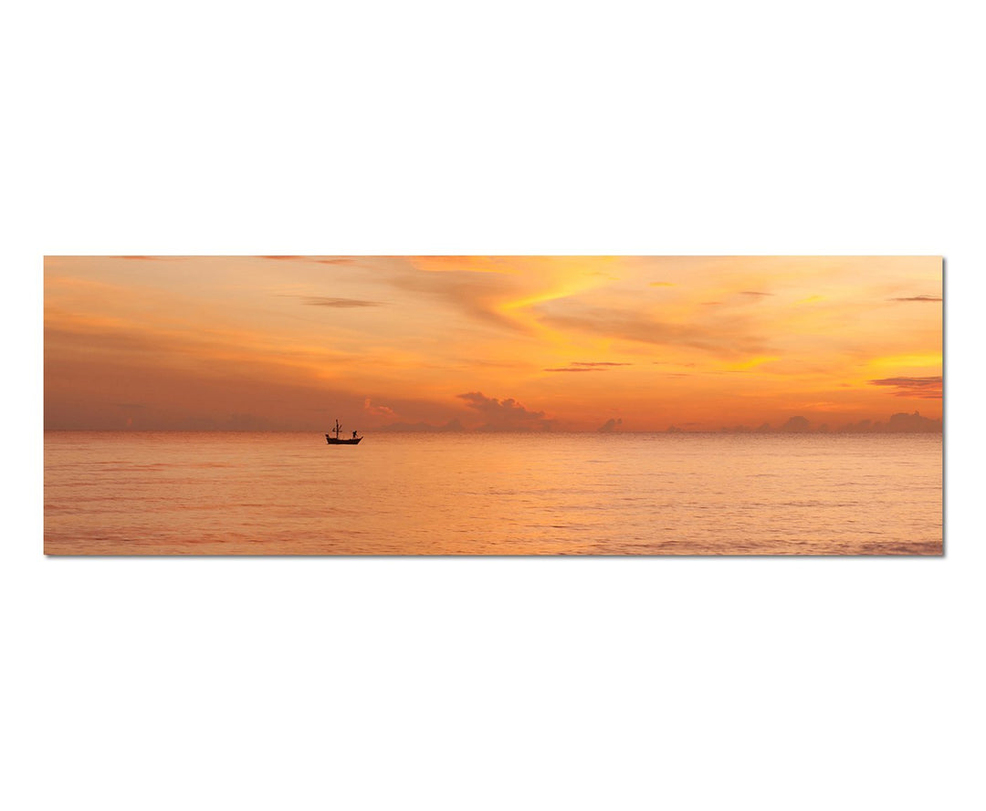 Paul Sinus Art Panoramabild auf Leinwand und Keilrahmen 150x50cm Meer Fischerboot Sonnenaufgang