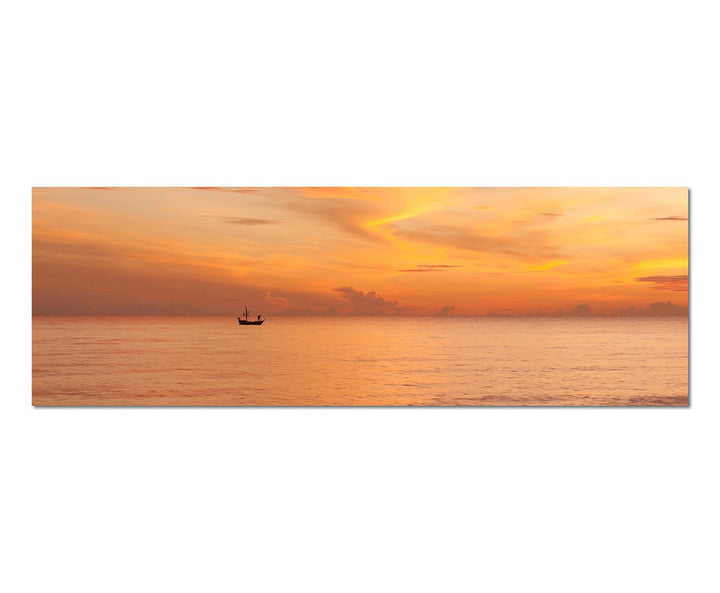 Paul Sinus Art Panoramabild auf Leinwand und Keilrahmen 150x50cm Meer Fischerboot Sonnenaufgang