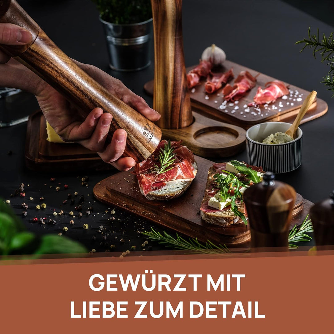 WALDLAND® Salz und Pfeffermühle aus Holz mit Untersetzer Gross (21 cm) | Gewürzmühlen mit hochleistu