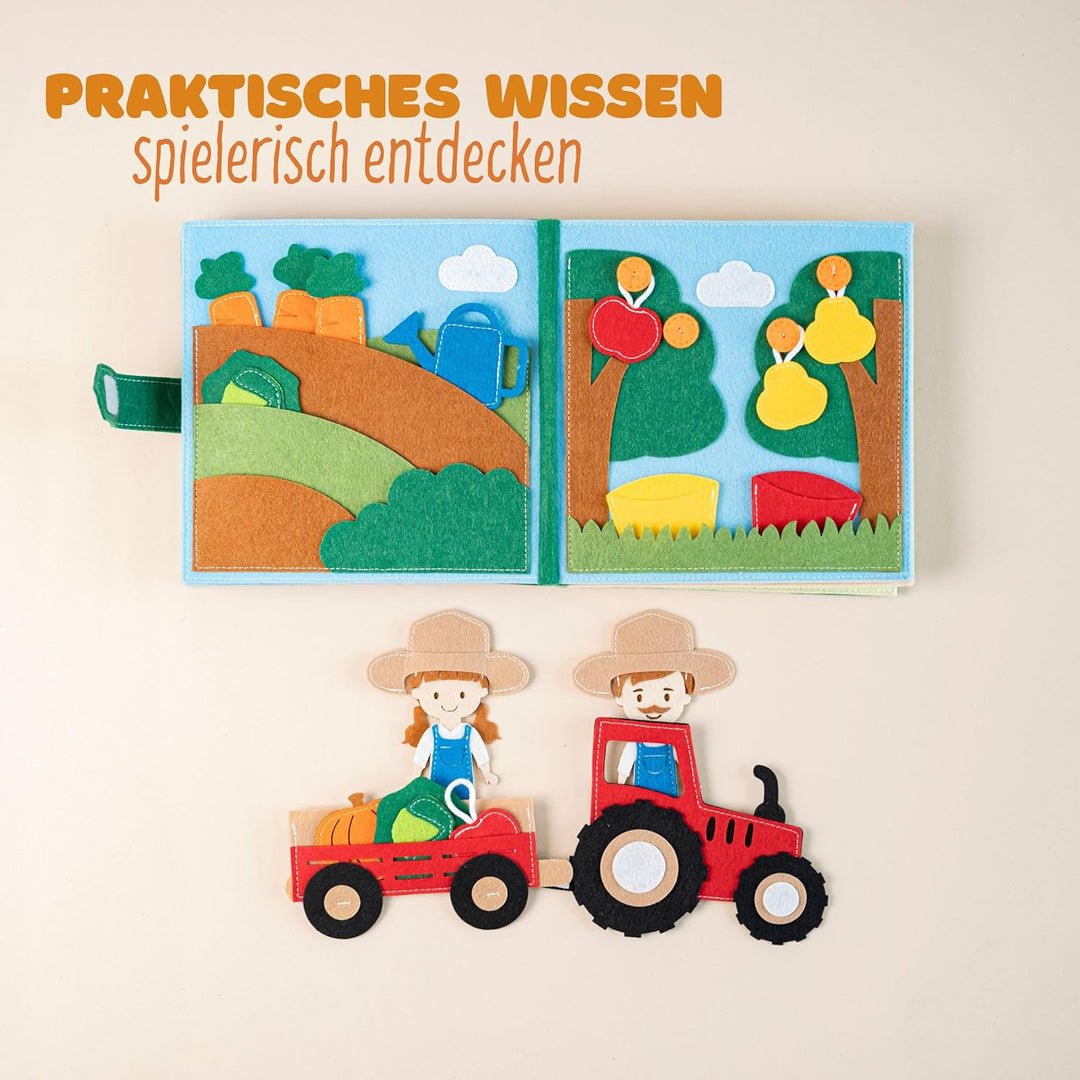 Quiet Book Bauernhof (2 Figuren) – Handgefertigtes Filz-Aktivitätsbuch mit Tier-Fingerpuppen & Trakt