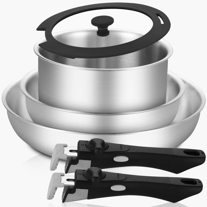 Inqibee Pfannenset mit Abnehmbarem Griff, Edelstahl Topfset für Induktion mit Deckel, 16+22+28cm Koc