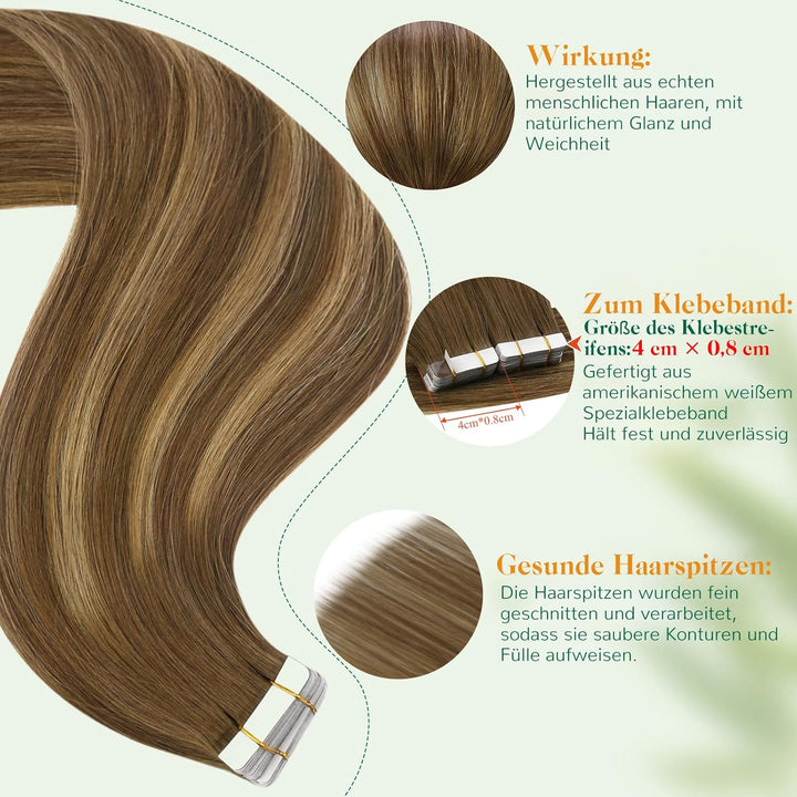 Easyouth Haar Extensions Tape Echthaar Skin Weft Band in Extensions Farbe Mittelbraun Mix Honigblond