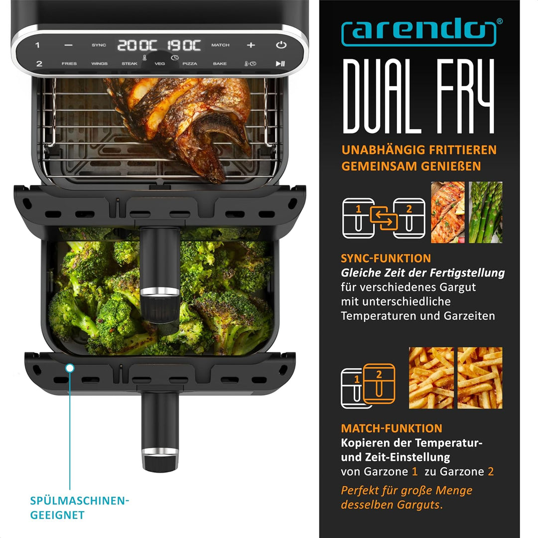 Arendo - Heissluftfritteuse XXL Dual Zone 2 Kammern – 11 L Kapazität – 2 Zonen – Airfryer Doppelkamm