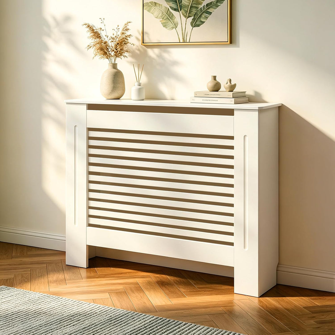FATIVO Heizkörperverkleidung Hohe Heizkörperabdeckung Horizontal Holz 101×111×19 cm Weiss aus MDF la