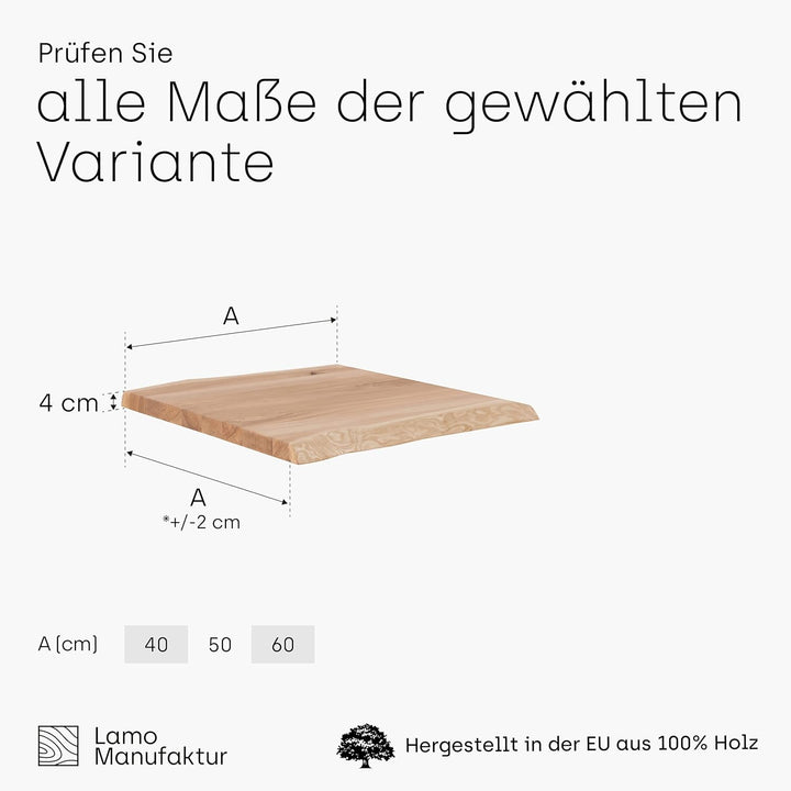 LAMO Manufaktur Holzplatte für Couchtisch, Beistelltisch, Tischplatte Massivholz Baumkante 60x60 cm,
