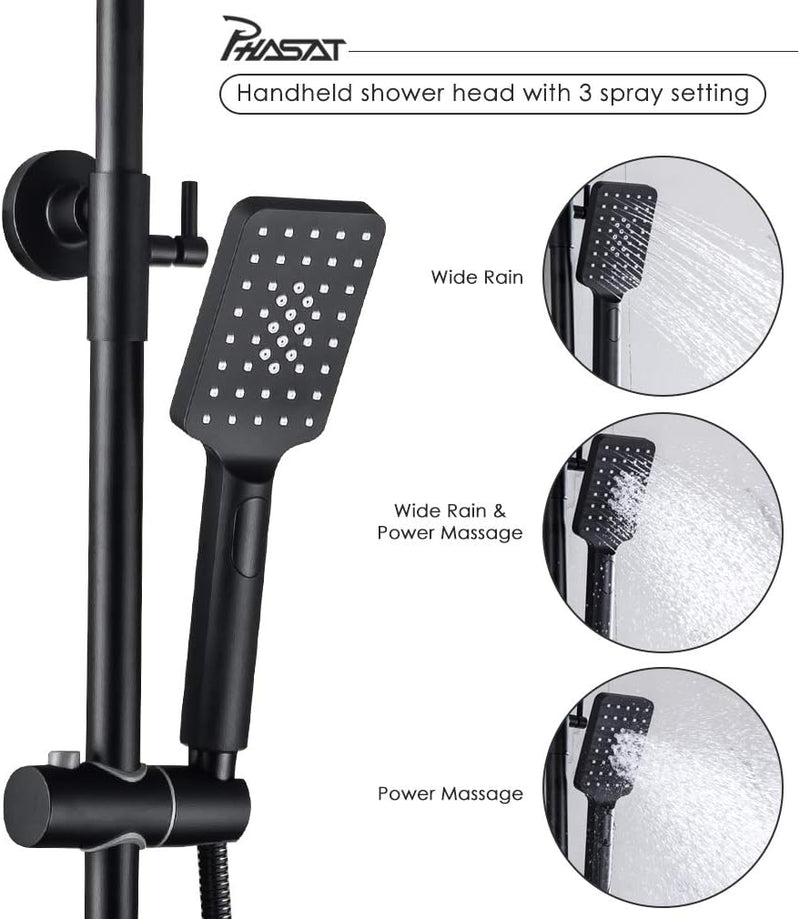 PHASAT Duschamatur Schwarz Bad Duschset Duschsystem Regendusche mit Armatur Thermostat Überkopfbraus