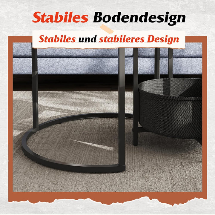 WLIVE Couchtisch 2er Set, Beistelltisch Rund mit Stauraum, Wohnzimmertisch Holz mit Metallrahmen, So