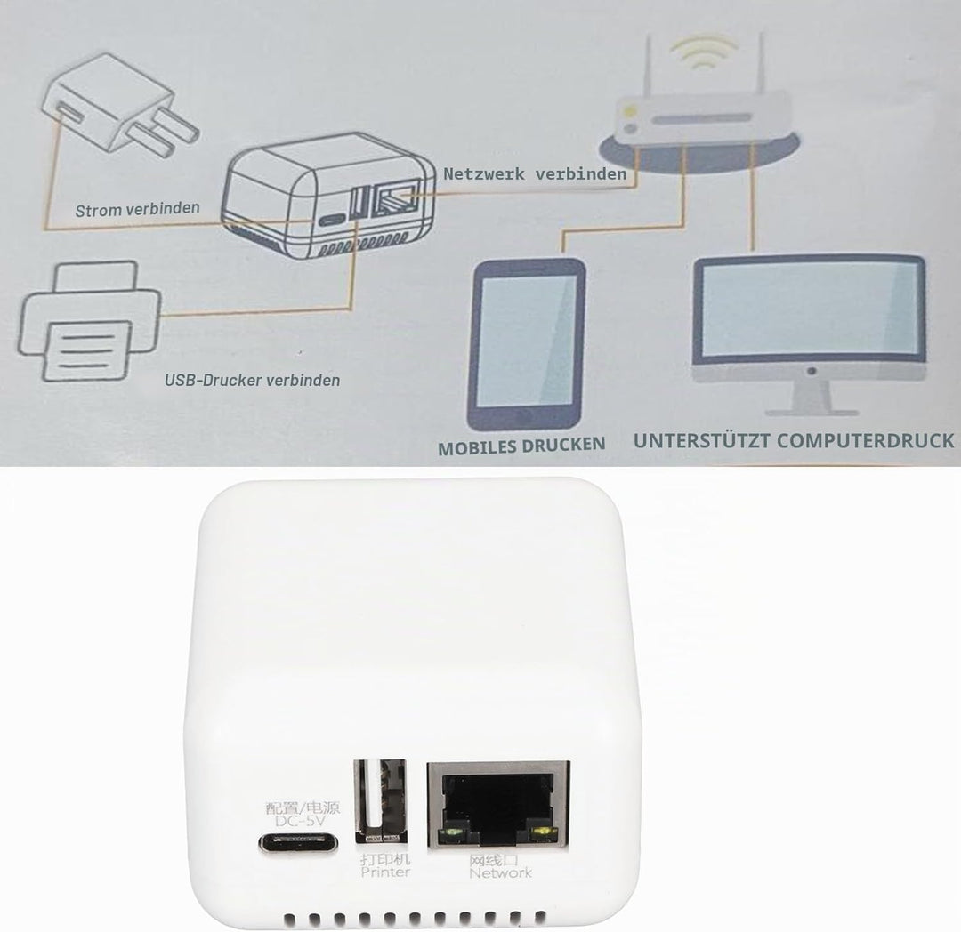 Kabelloser Druckserver, 100–240 V, 5 V, Kompakt, Mehrere Schnittstellen, Plug-and-Play-USB-Druckserv