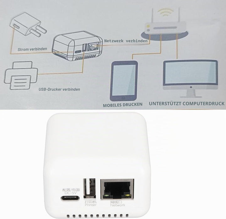 Kabelloser Druckserver, 100–240 V, 5 V, Kompakt, Mehrere Schnittstellen, Plug-and-Play-USB-Druckserv