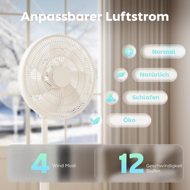 HOMCOM Standventilator, 85-108 cm Höhenverstellbar Bodenventilator mit 12 Geschwindigkeiten, DC Moto