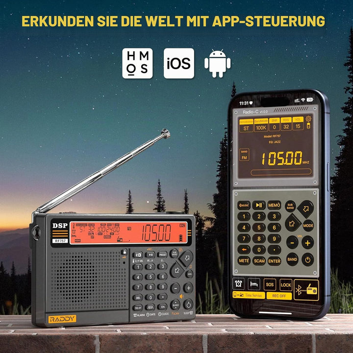 Raddy RF757 APP Control Kurzwellenradio, Tragbares Radio mit AM/FM/SW/VHF/UHF/CB/AIR Rezeption, 2500