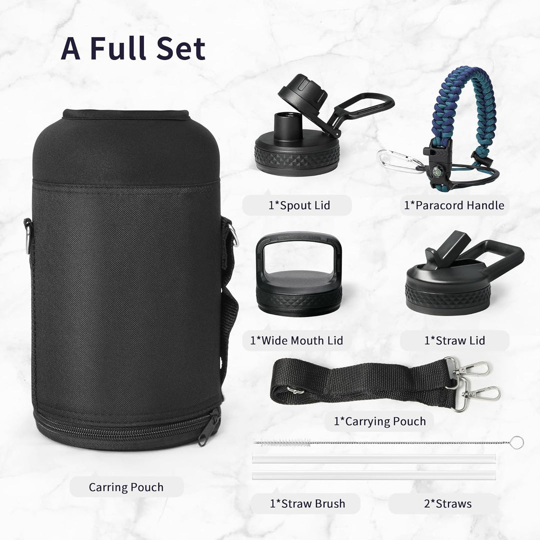 Trebo Isolierte Wasserflasche, 1,8 l, Metall-Vakuum-Wasserkrug mit Griff und 3 Deckeln, auslaufsiche