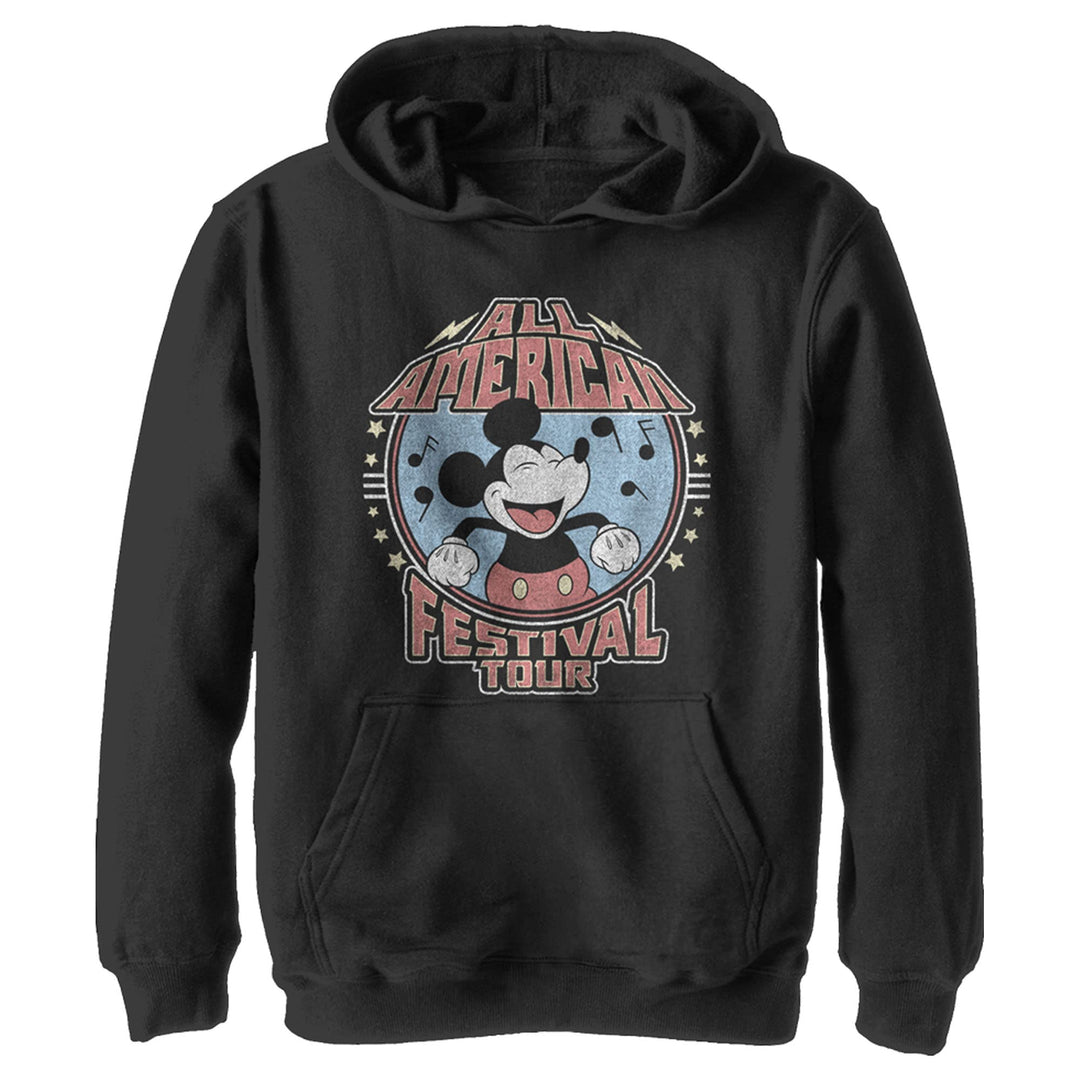 Disney Characters Mickey American Tour Boy's Hooded Pullover Fleece, Black, Small