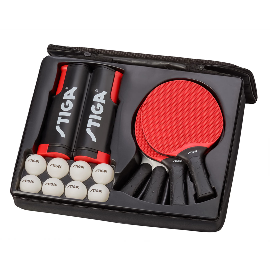 STIGA Set Seasons Anywhere Tischtennisset: 4 Schläger, 8 Bälle und Universal Rollnetz, für den Indoo