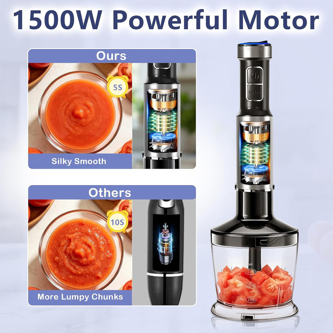 1500W Stabmixer, 4-in-1 Pürierstab, 25 Geschwindigkeitsstufen &amp; Turbo-Stabmixer Set mit Schneebesen,