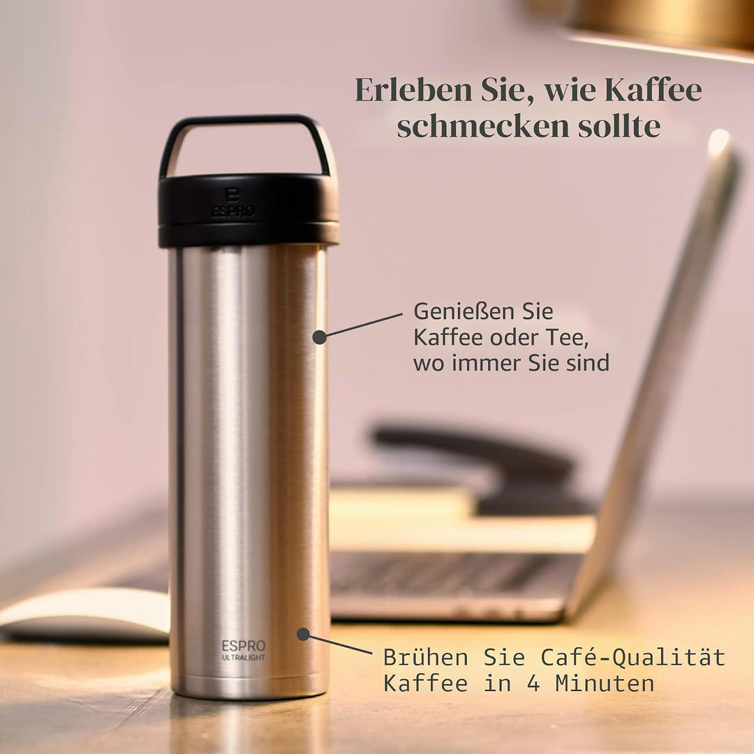 ESPRO Reise French Press Ultralight, Mini Coffee Maker mit Thermo-Funktion, 475ml, edelstahl Edelsta