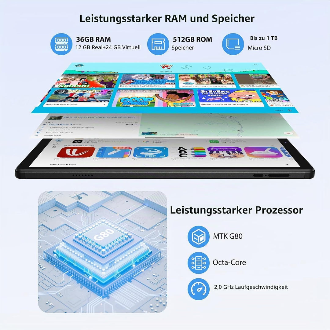 2K 10.6 Zoll Android 15 Tablet, 4G LTE+5G WiFi, 36GB RAM+512GB ROM (2TB TF), Octa-Core, 2000 * 1200F