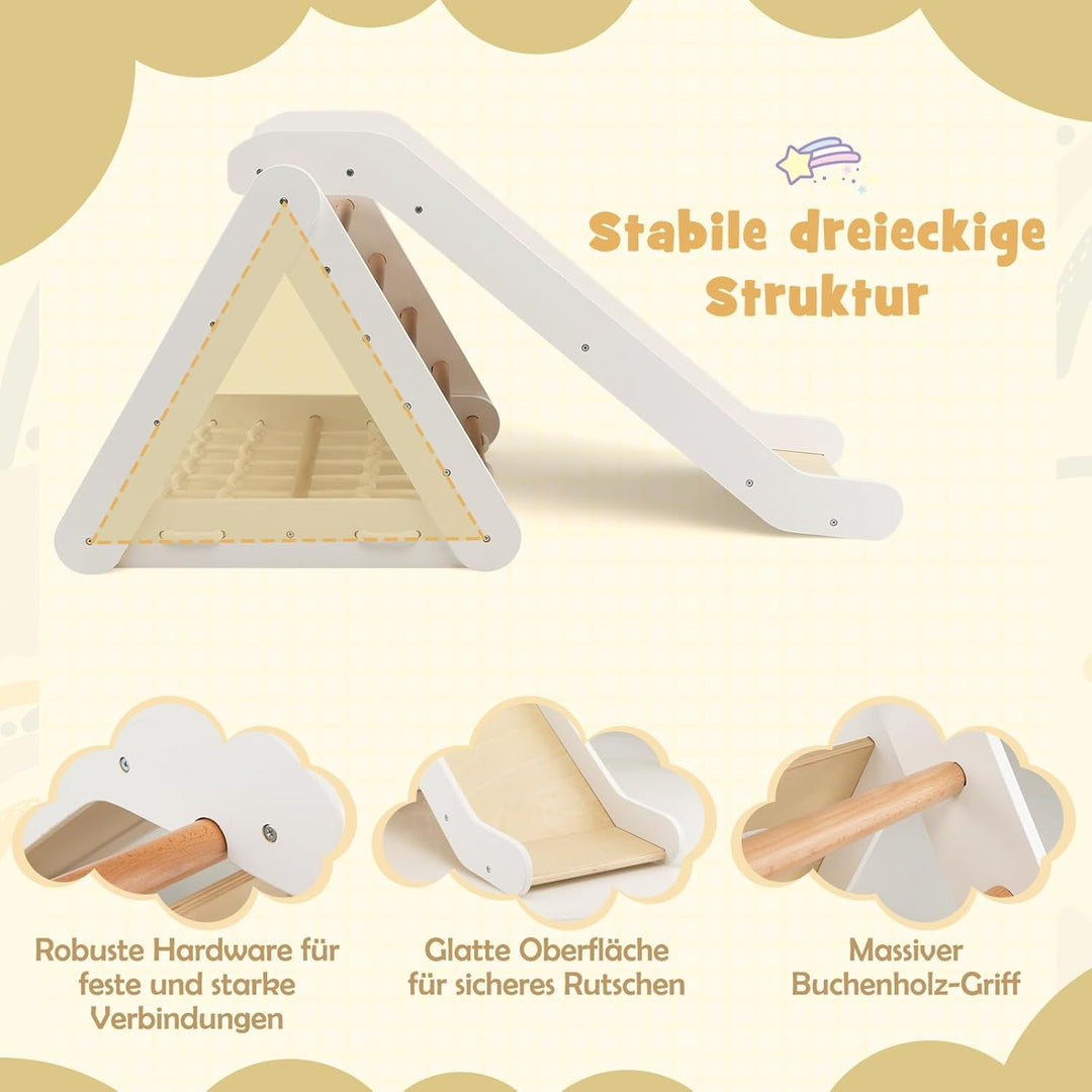 DREAMADE 4 IN 1 Kletterdreieck mit Rutsche und Kletternetz, Holzdreieck Kletterspielzeug aus Holz, I