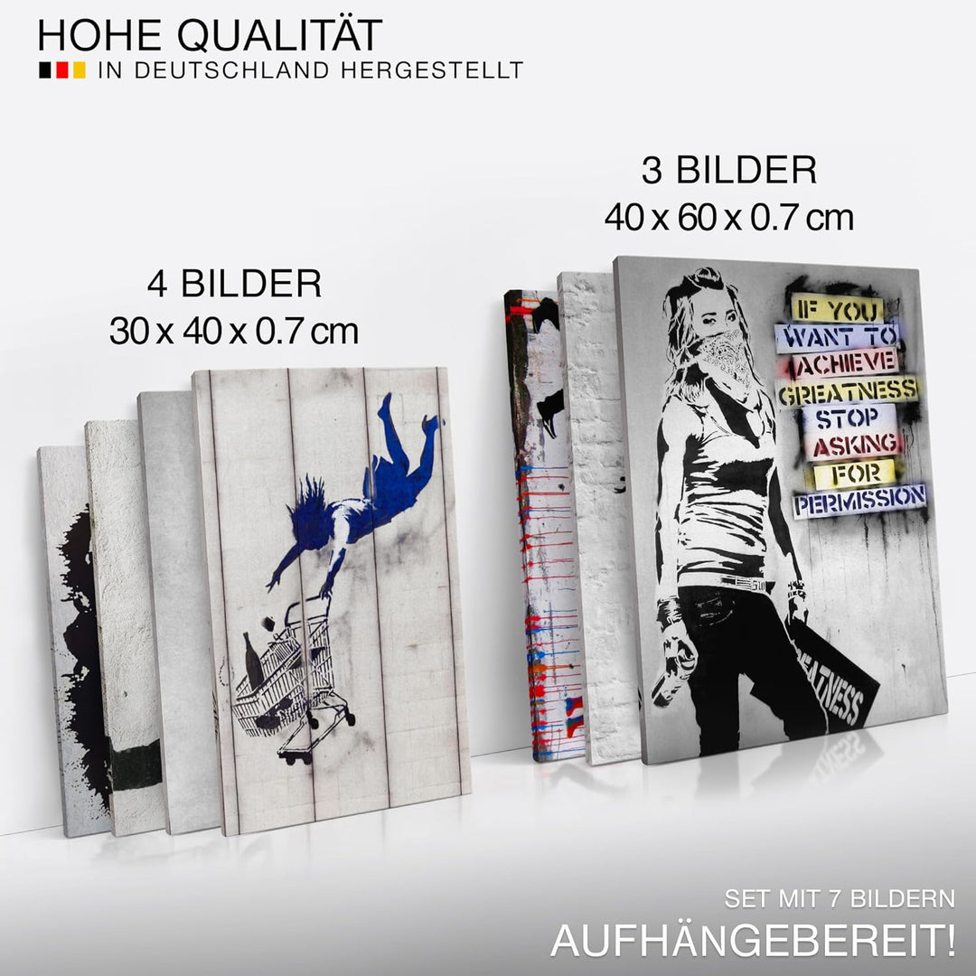 Novart Wandbilder Banksy Collage - KOMPLETT AUFHÄNGFERTIG - Street Art Wohnzimmer Büro Loft - 7 Mode