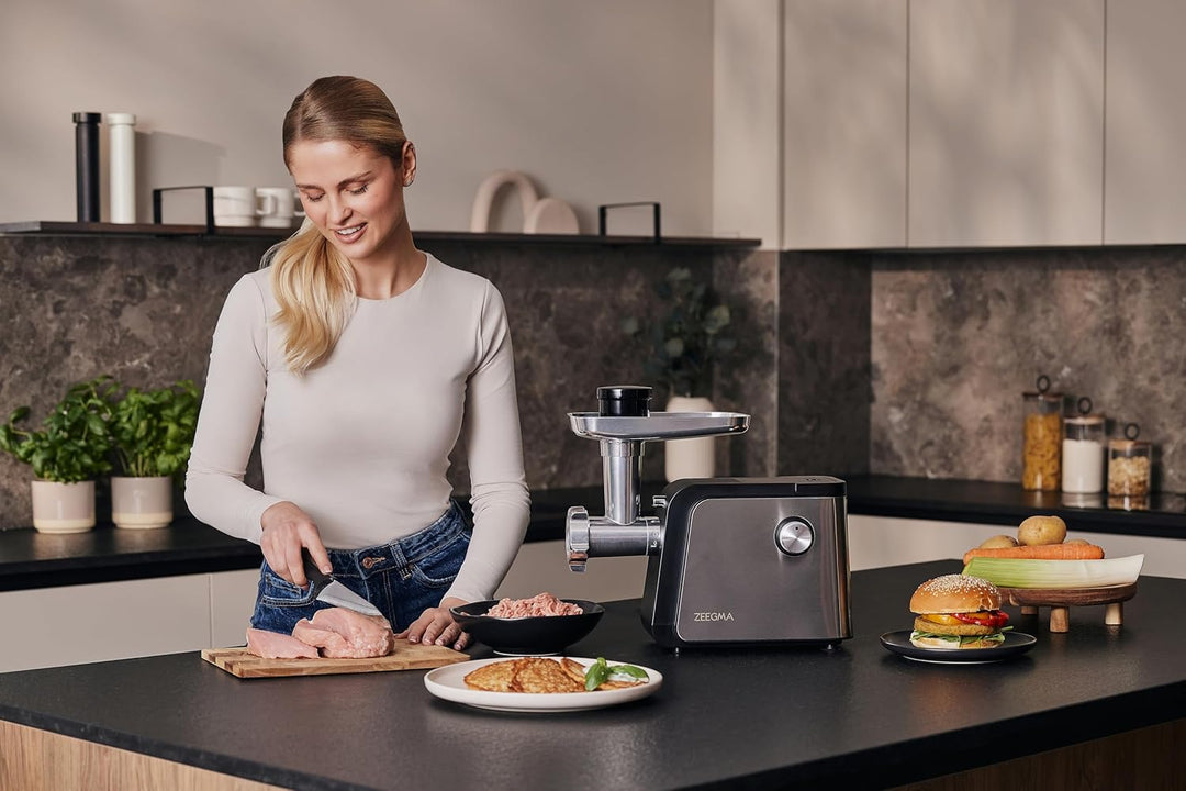 ZEEGMA MOLEN CHEF EASY Elektrischer Fleischwolf Leistung 2100 W 3 Edelstahlscheiben Wurstaufsatz Gem