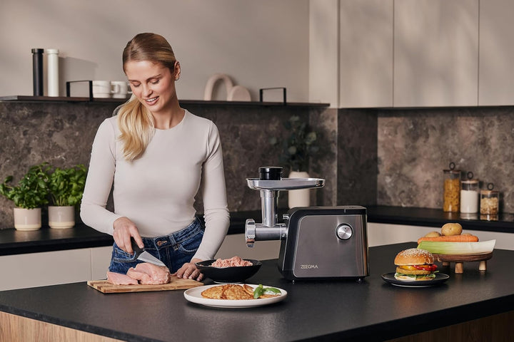 ZEEGMA MOLEN CHEF EASY Elektrischer Fleischwolf Leistung 2100 W 3 Edelstahlscheiben Wurstaufsatz Gem