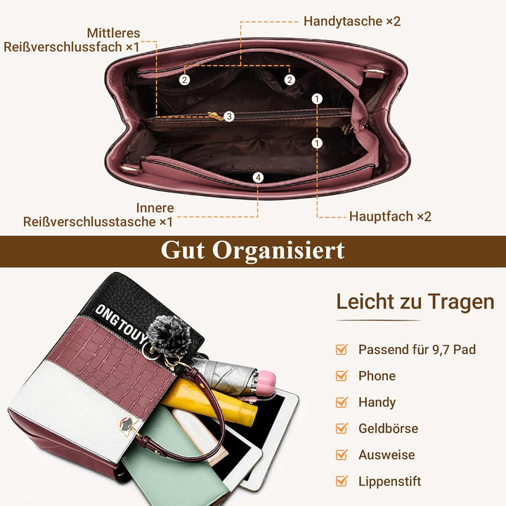 DIRRONA Damen Handtasche, PU Leder Handtasche mit Farbblock-Design und elegantem Anhänger, stilvolle