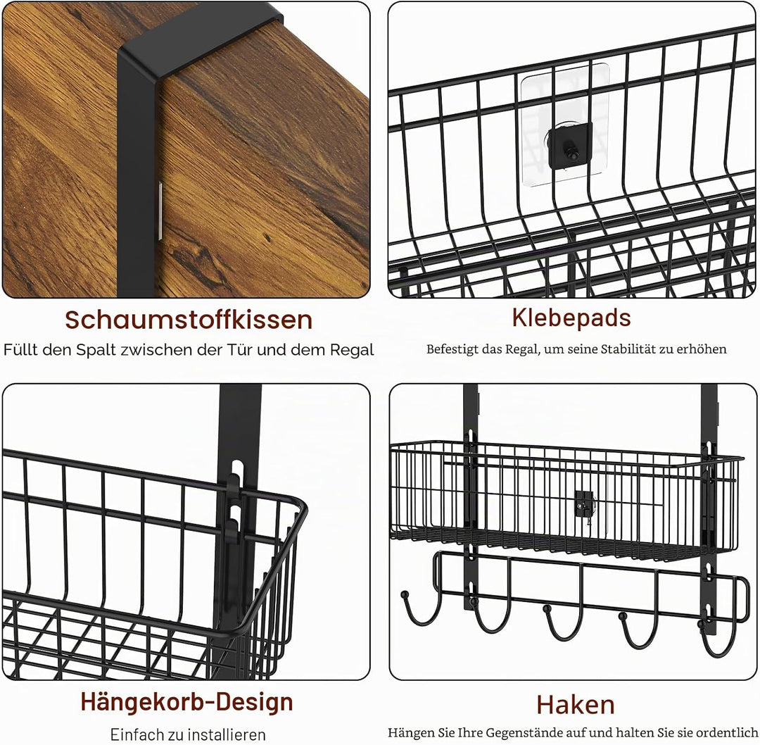 YBING Tür-Organizer mit Haken, 3-stöckig, Handtuchaufhänger, Körbe, Metall, hinter hängendem Aufbewa