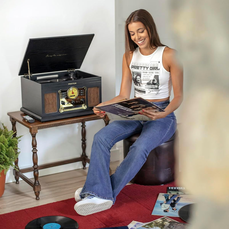 PRIXTON - Century Vintage-Vinyl-Plattenspieler - Vinyl Musik Player & Konverter über Bluetooth, USB,