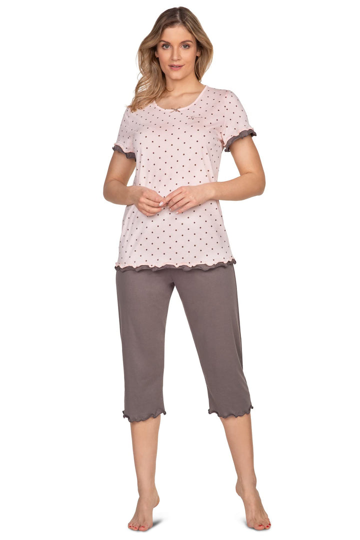 e.FEMME Damen Schlafanzug Marion 310, Kurzarm, aus 50% Baumwolle und 50% Modal 38 Lachs Gepunktet, 3