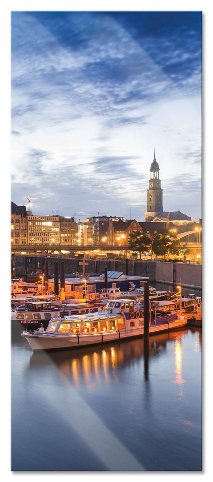 Glasbild Panorama | Wandbild aus Echtglas | Hamburger Hafen am Abend | 100x40 cm | inkl. Aufhängung