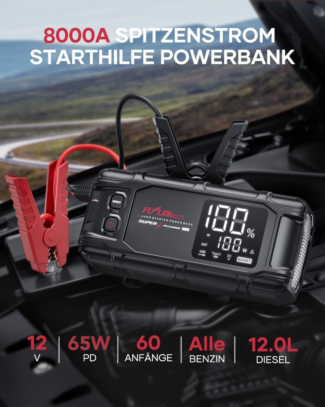 FLYLINKTECH Starthilfe Powerbank, 8000A Spitzstrom, PD65W In/Out Schnellladung Starter Powerbank für