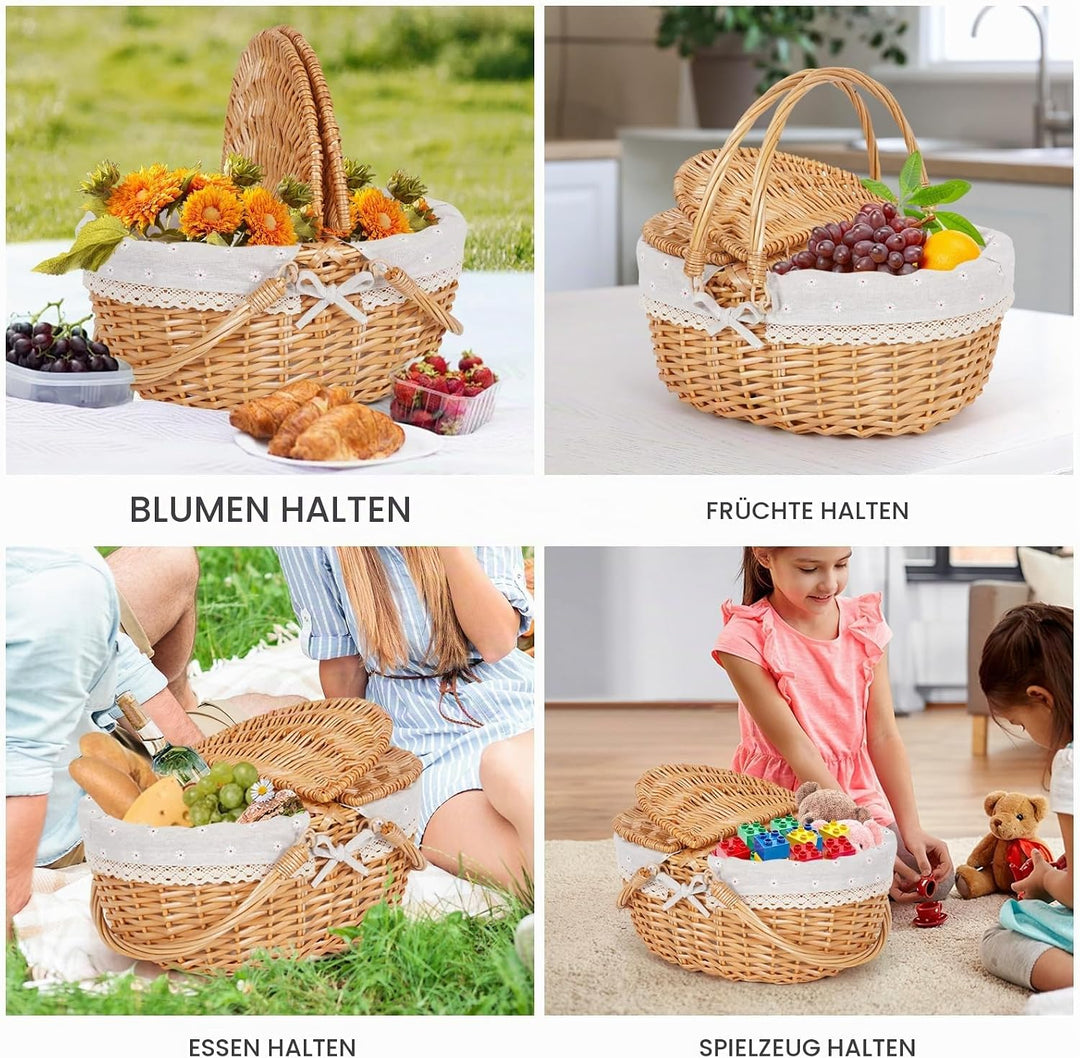 Happypicnic Picknickkorb aus Weidengeflecht mit Griff, 38,1 cm grosser, leerer Picknickkorb mit Deck