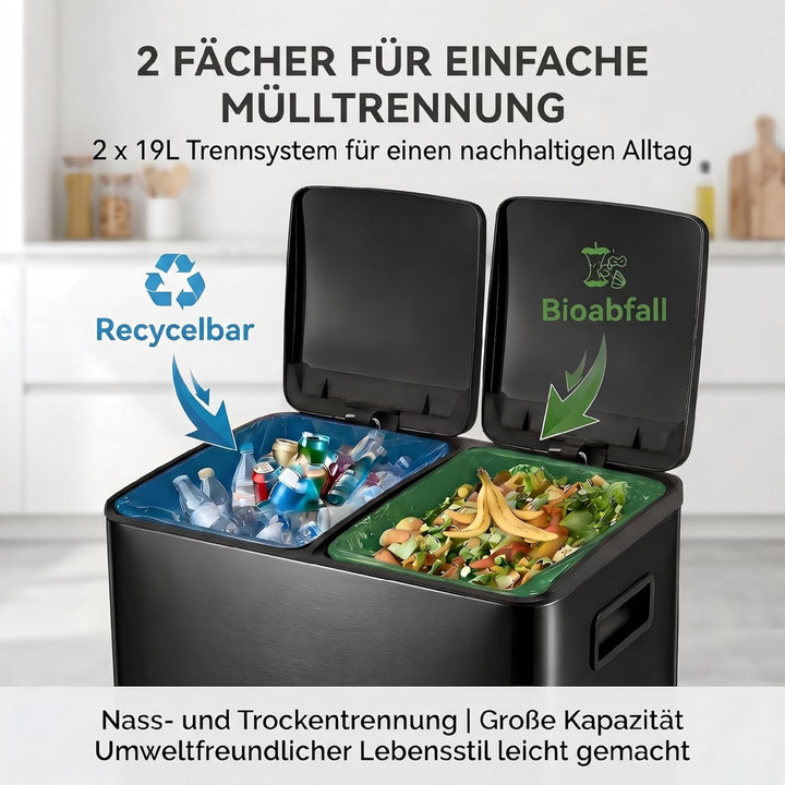 Mülleimer Küche 2 x 19 L(38L), Edelstahl Treteimer mit Deckel, Mülltrennsystem 2 Fächer, Abfalleimer