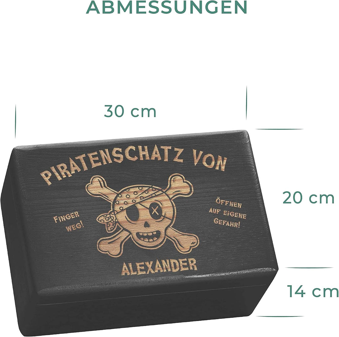 LAUBLUST Grosse Holzkiste personalisiert mit Piraten-Schatz Gravur - 30x20x14cm, Schwarz, FSC® | Ges