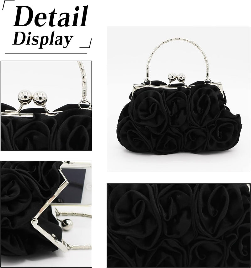 CORIOS Damen Elegante Abendtasche Blumen Clutch Tasche Handtasche mit Kette Kiss Lock Mini Rose Schu