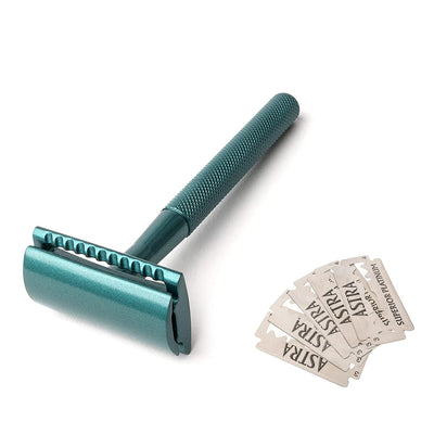 ANYMALE® Rasierhobel Azure Edition - inklusive 5 ASTRA Klingen - Plastikfreier Rasierer für Damen un