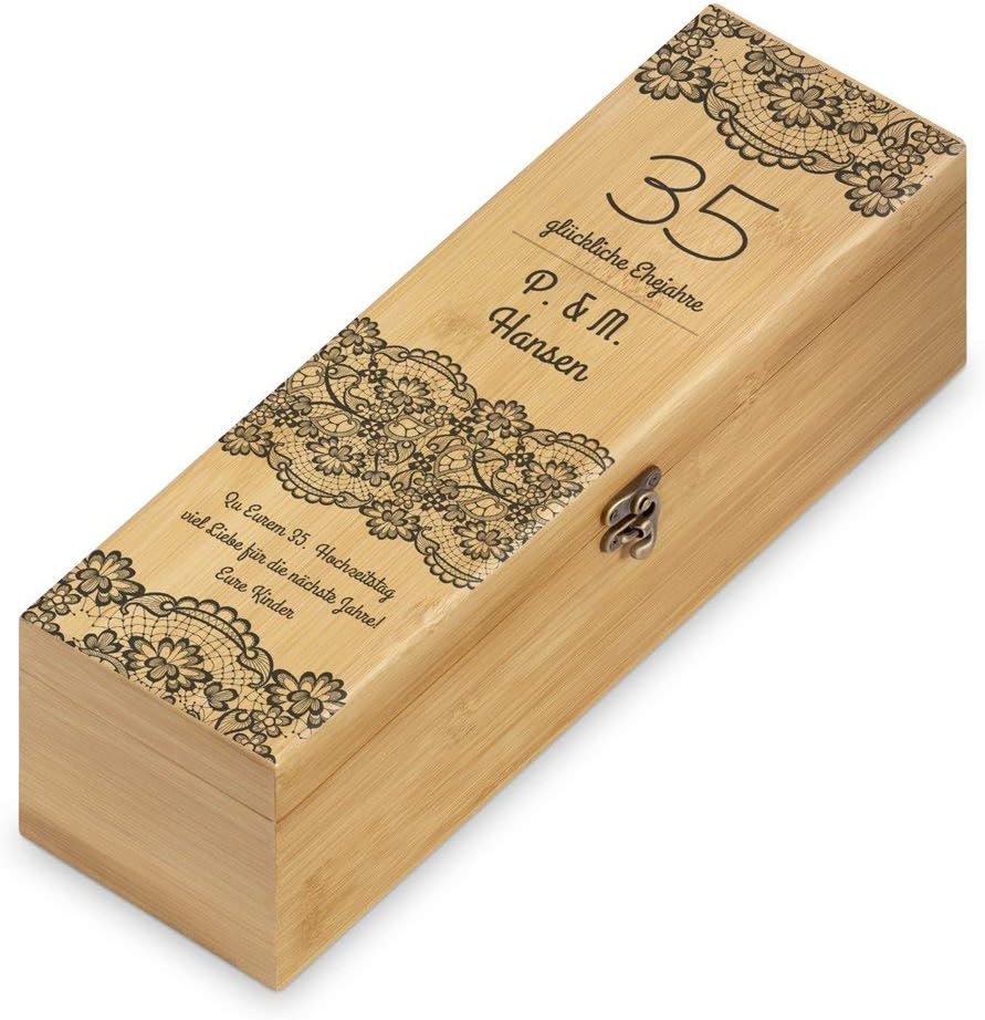 Maverton Weinbox für 0,7L Weinflasche - Wein Holzbox personalisiert + 4er Weinzubehör - Weinset Wein