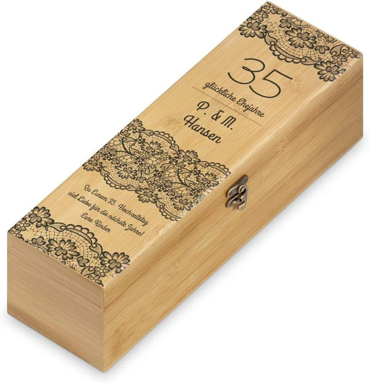 Maverton Weinbox für 0,7L Weinflasche - Wein Holzbox personalisiert + 4er Weinzubehör - Weinset Wein