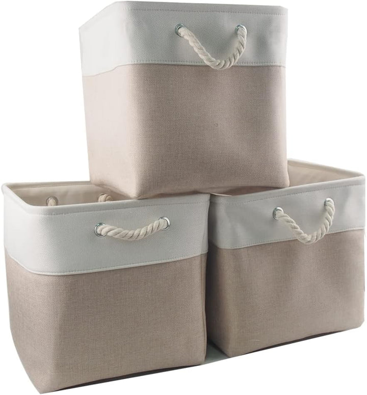 Mangata Aufbewahrungsbox Stoff 33x33x33 cm, aufbewahrungskorb Helles Khaki Weiss, Korbe Stoff in Wür