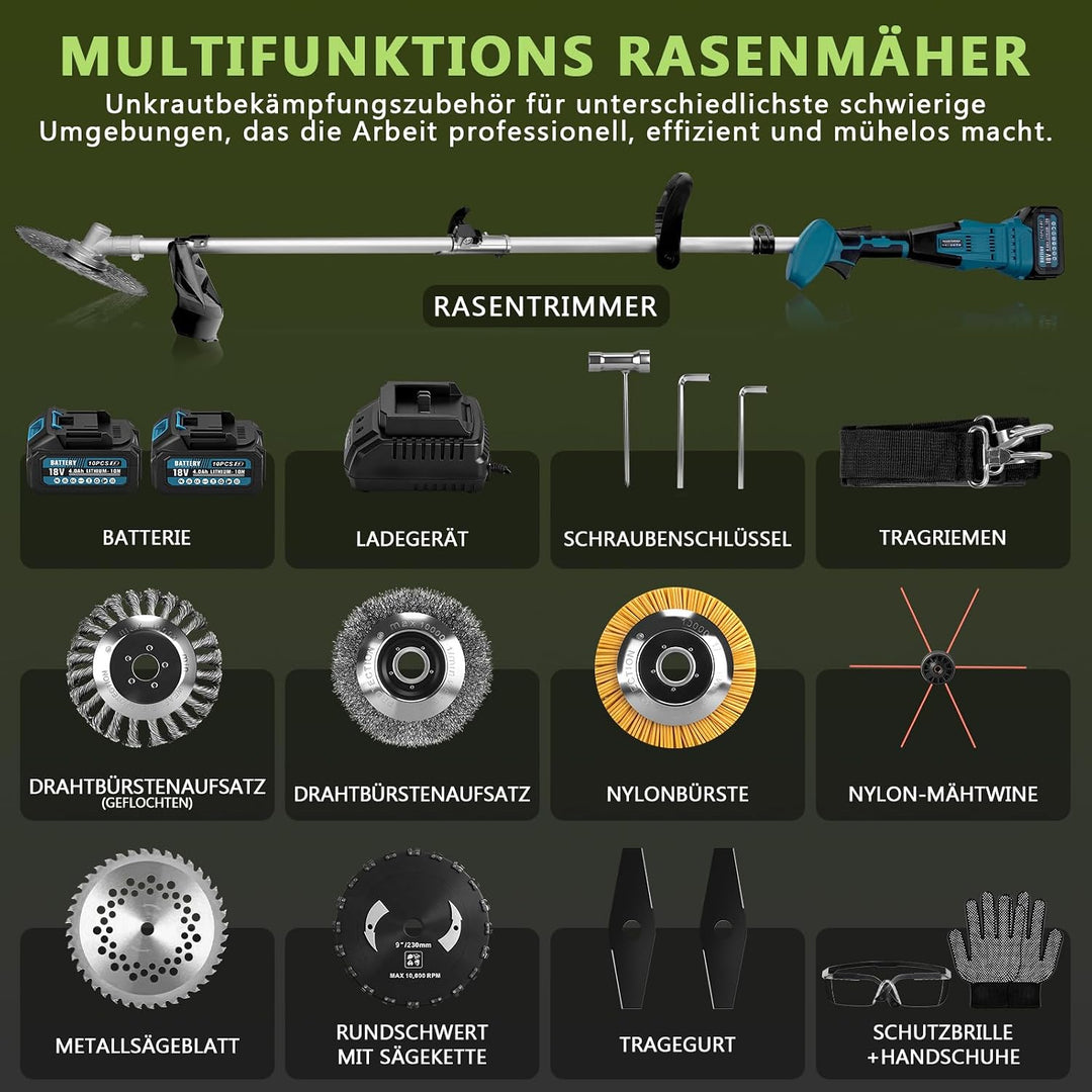 1380W Akku Rasentrimmer für Makita-Akkus, mit 2 Akkus und Ladegerä | 7-In-1 Akku Freischneider mit U