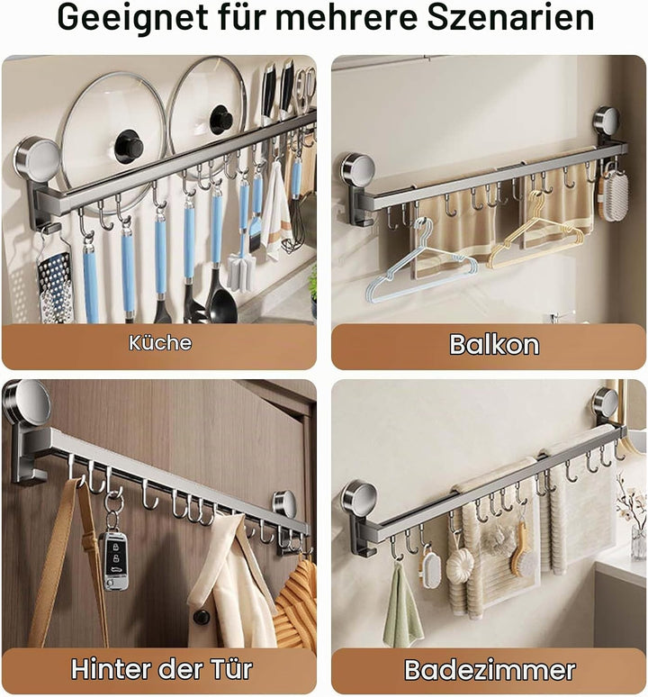 Hakenleiste Küche Ohne Bohren mit Saugnapf,Selbstklebende Hakenleiste mit 8 Abnehmbaren Haken, 40 cm